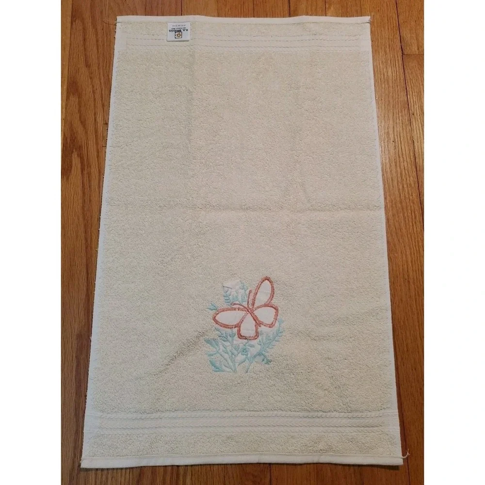 Vintage RA Briggs Cotton Hand Towel Beige Butterfly Embroidered
